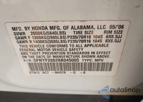 2006 Honda Pilot Ex-L из США, поврежденный, VIN 5FNYF28626B045005